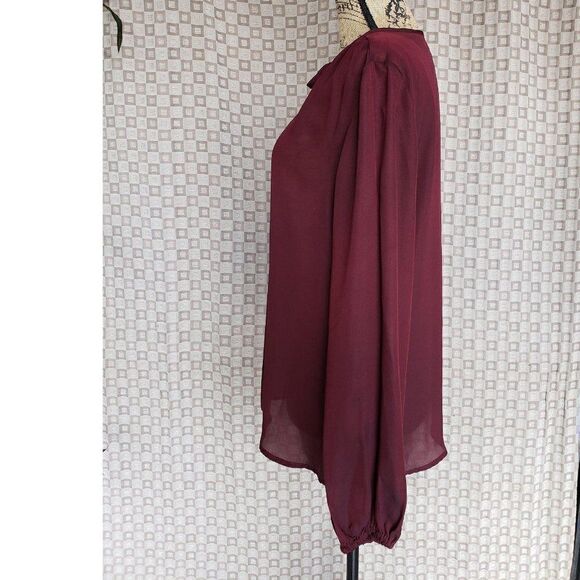 Women's Blouse Wine Red Long Sleeve Sheer Tie-Neck Blouse Large NWOT - Picture 5 of 8